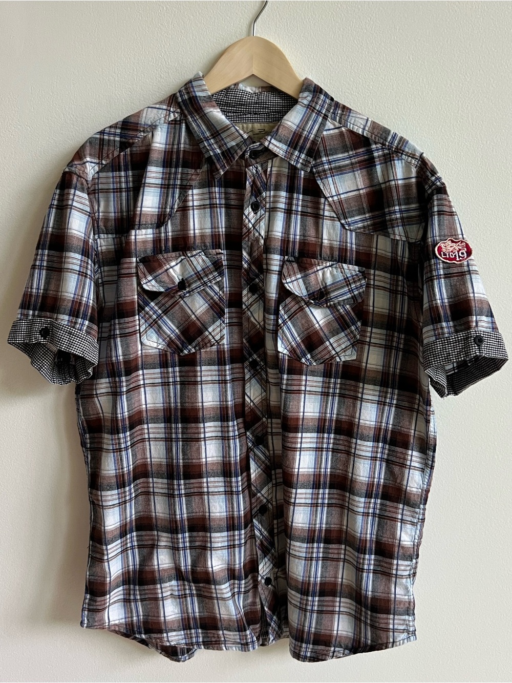 Y2K Point Zero Brown Plaid Short-Sleeve Button-Down Shirt Men’s Size XL